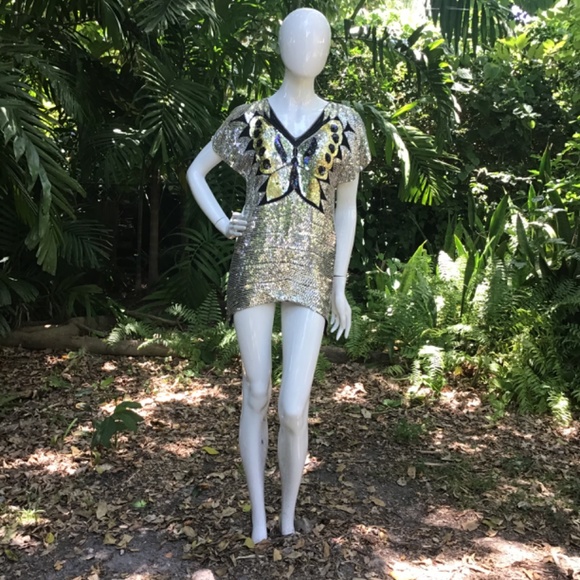 Vintage 80s butterfly sequins silk top - Picture 2 of 12